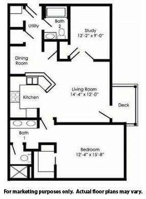 Floor plan for 1 bed, 2 baths, 1015 sqft